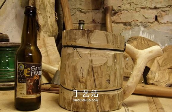 原木制作粗犷啤酒杯 自制大号啤酒杯的过程