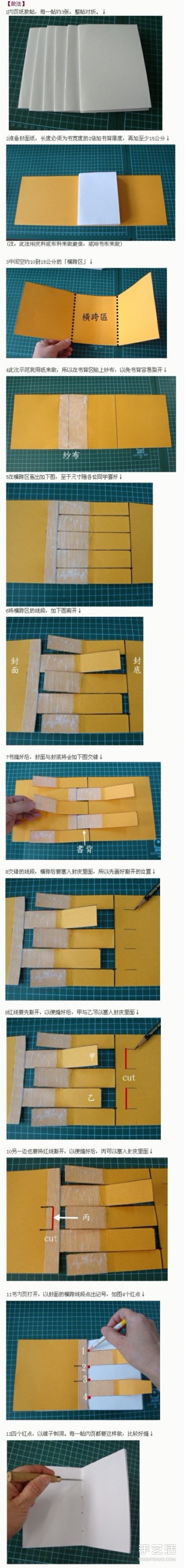 手工书制作方法教程 交错横跨式封面装订法