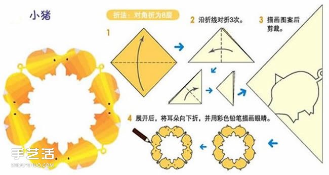 幼儿小猪窗花剪纸方法 剪纸小猪窗花折法和剪法