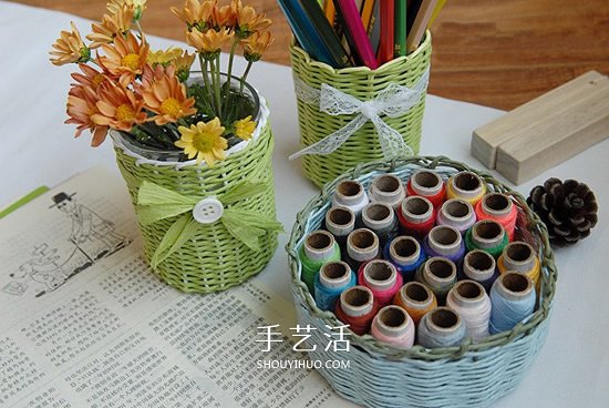 漂亮的纸藤手工制作 包括花瓶、笔筒和收纳篮