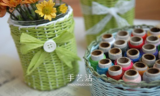 漂亮的纸藤手工制作 包括花瓶、笔筒和收纳篮