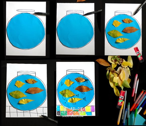 不用换水不用喂食！树叶贴画可爱鱼缸的方法