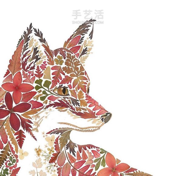用压制的花朵和叶子创作精美的动物插图