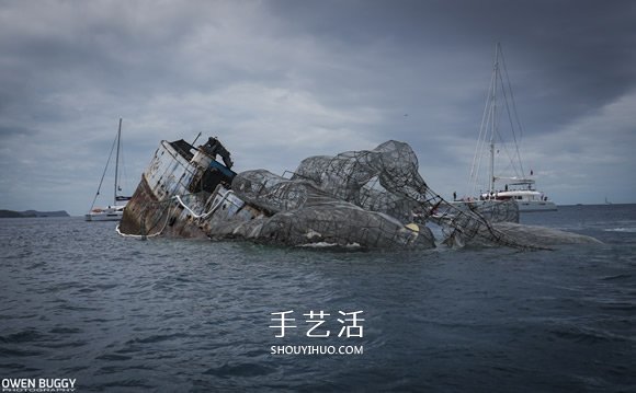 巨大章鱼为伍 二战战舰成为艺术感的人工岛礁