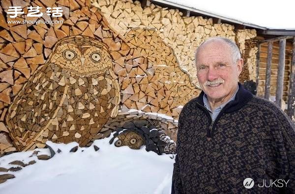 82岁老爷爷利用搜集的木块DIY马赛克猫头鹰