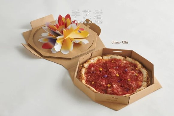 Pizza 4Ps包装设计，打开批萨盒惊现立体纸花