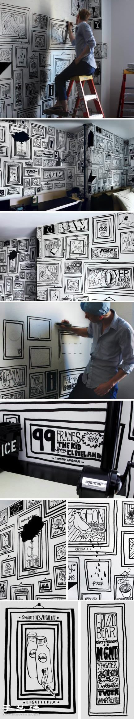 手绘达人空白墙壁上DIY漫画风画框/壁画