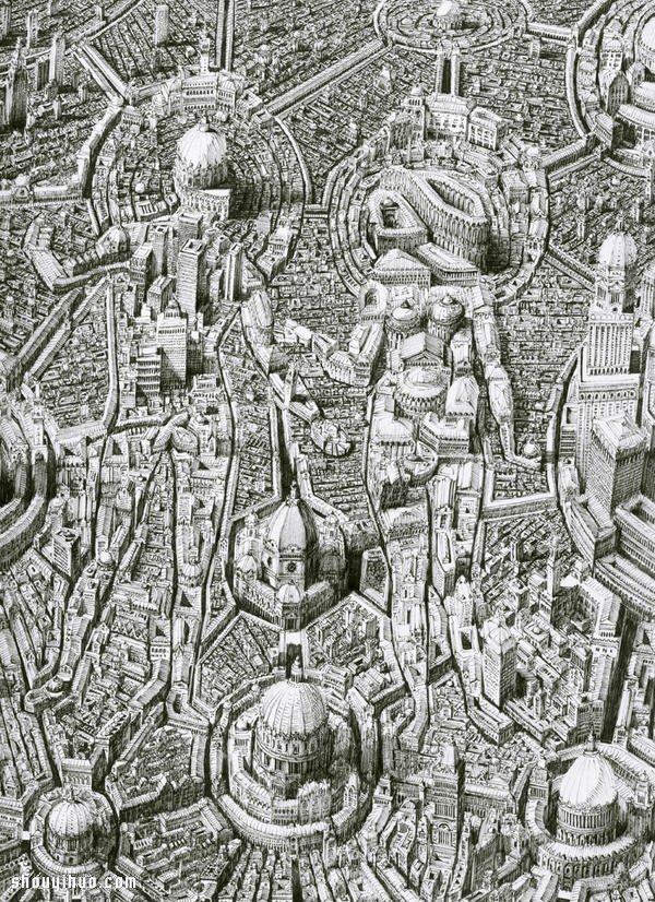 Ben Sack 用针管笔画出外星都市般奇幻世界
