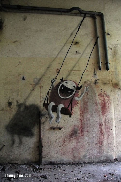 怪兽不可怕！可爱的废弃仓库怪兽涂鸦艺术