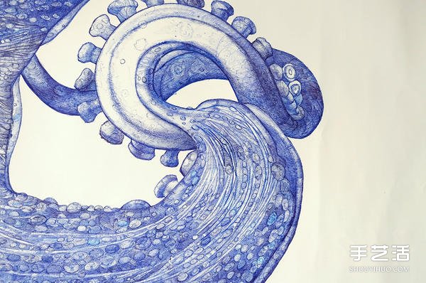 耗时一年，用圆珠笔画出写实霸气的巨型章鱼