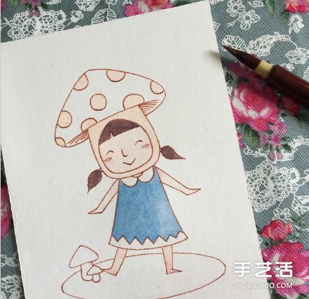 扮演蘑菇的可爱小女孩的画法 教你如何着色