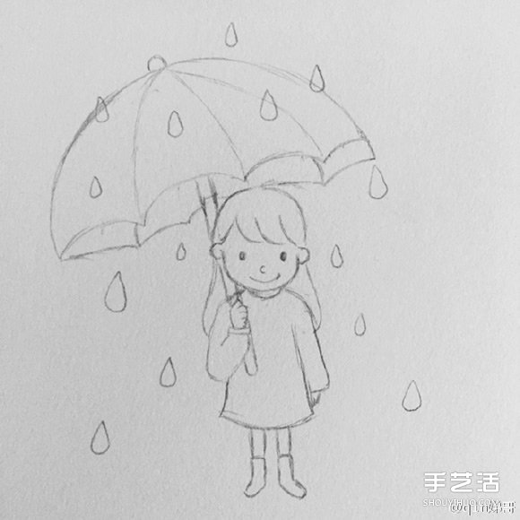 雨中打伞的小女孩简笔画画法图片教程