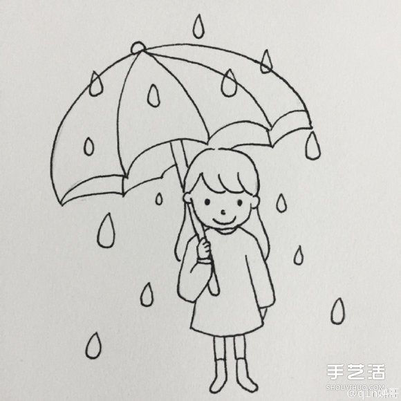 雨中打伞的小女孩简笔画画法图片教程