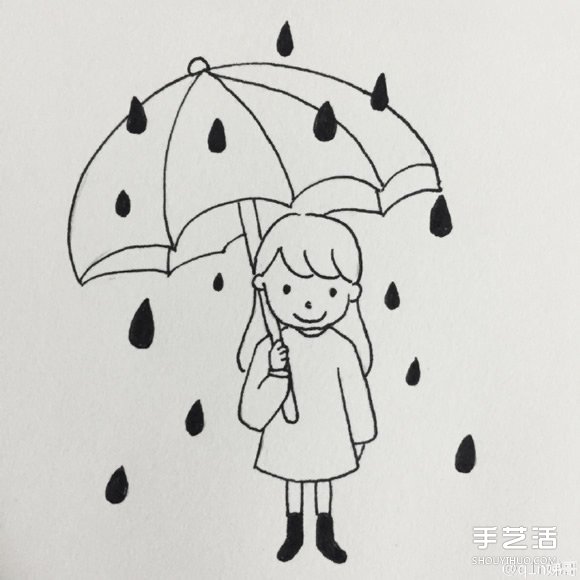 雨中打伞的小女孩简笔画画法图片教程