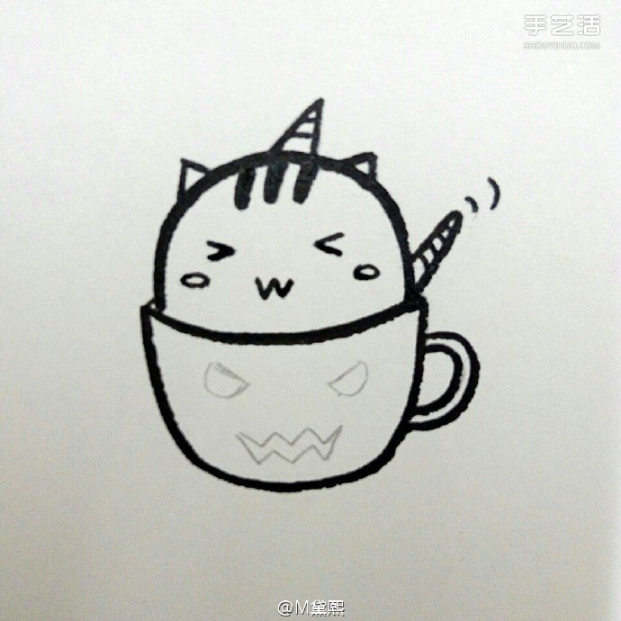 偷喝苦咖啡的卡通小猫咪简笔画的画法图片教程