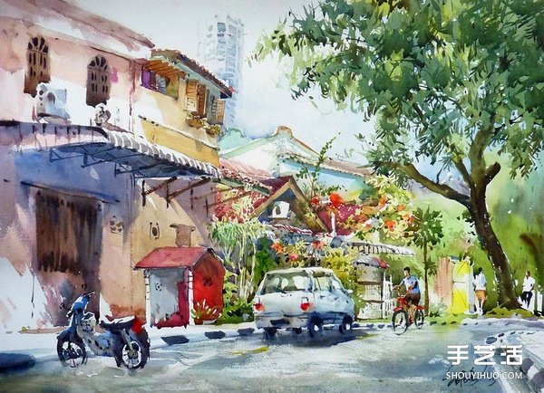 马来西亚画家郭绍鹏的风景水彩画作品图片