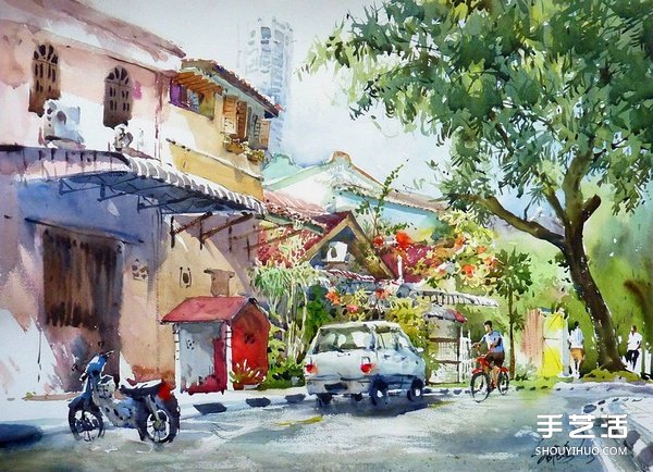 马来西亚画家郭绍鹏的风景水彩画作品图片