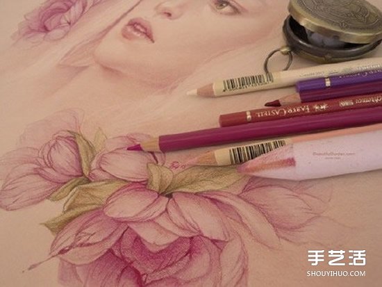 细腻逼真的女生人物肖像彩铅画作品图片