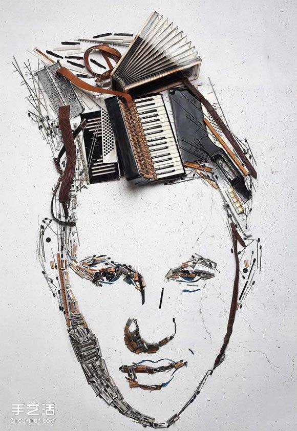 将旧手风琴里两万个零件拆解 拼成人物肖像画