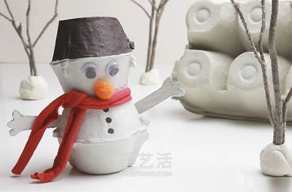 冬天手工小制作 用鸡蛋托做可爱雪人的方法