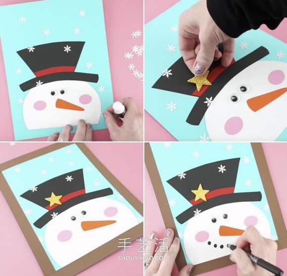 卡纸手工制作圣诞节雪人贴画的做法教程