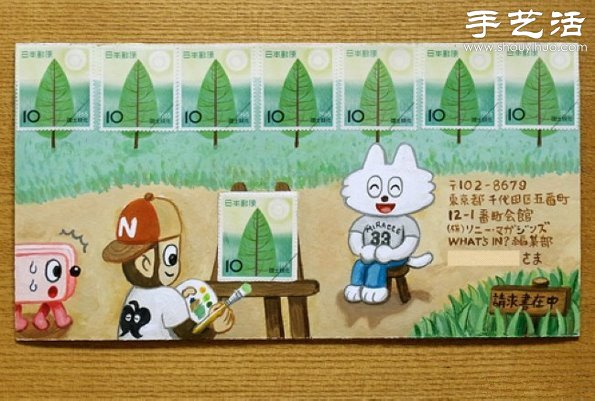 手绘与邮票图案巧妙结合 DIY暖暖的信封 