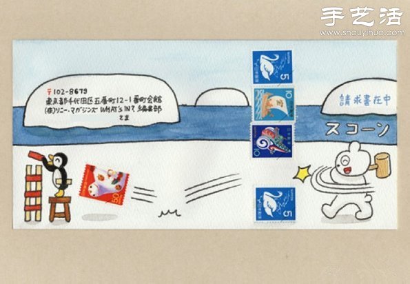 手绘与邮票图案巧妙结合 DIY暖暖的信封 