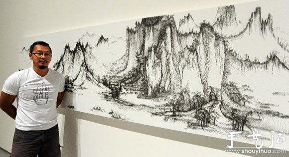蚊钉绘制的中国传统山水画