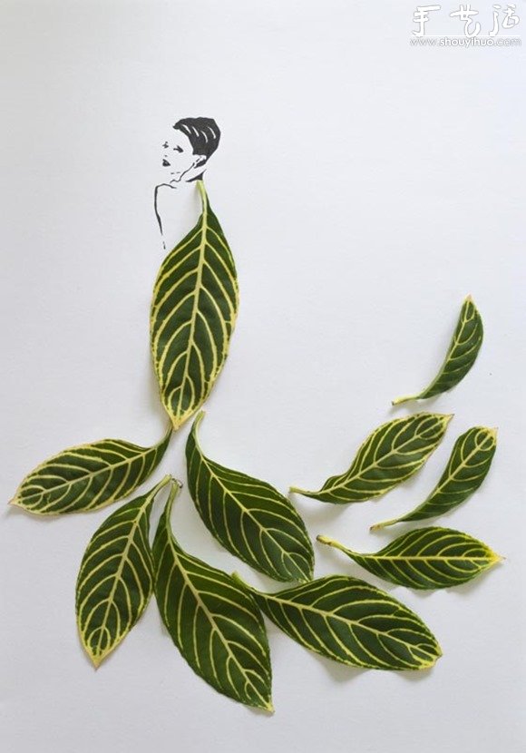 简单插图与叶子的摆放 DIY穿连衣裙的女人
