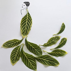 简单插图与叶子的摆放 DIY穿连衣裙的女人