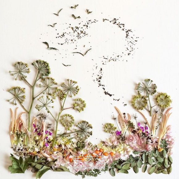 艺术家将美丽的植物DIY成空灵的自然拼画