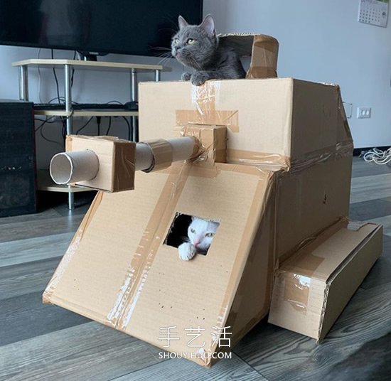 陷入隔离的人们为猫咪制作纸箱战车坦克