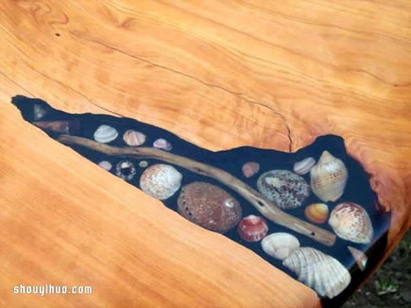 木板裂缝灌入树脂贝壳 DIY特色海洋风桌板