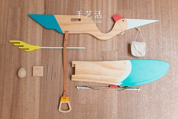 手工制作木头玩具送子鸟 拉下拉环扇动翅膀飞行