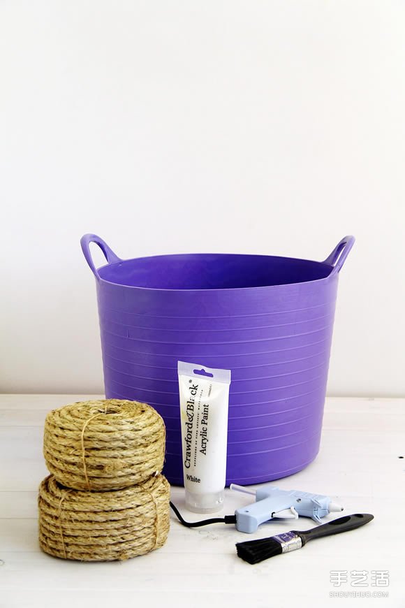 DIY麻绳花篮罩的方法 塑料桶手工制作花盆罩