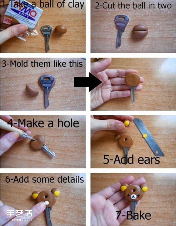 软陶小熊钥匙手柄DIY 卡通小熊钥匙粘土制作