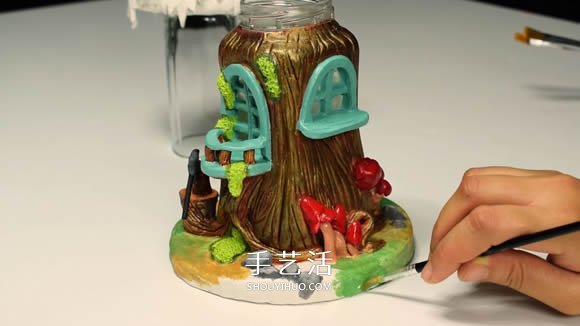 纸粘土和玻璃瓶手工制作童话小屋
