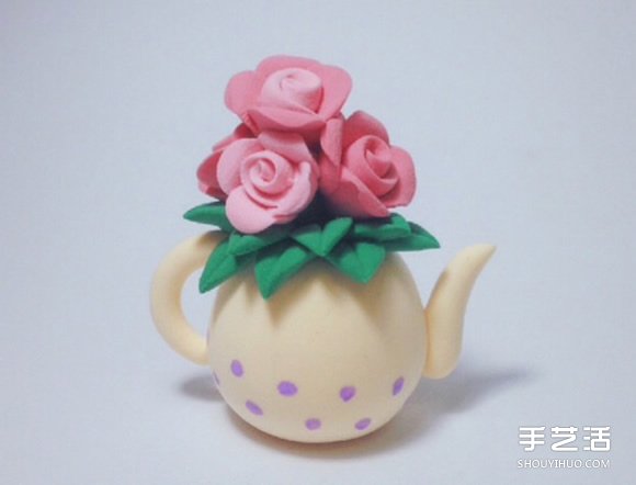 超轻粘土制作水壶花瓶插玫瑰花装饰摆件