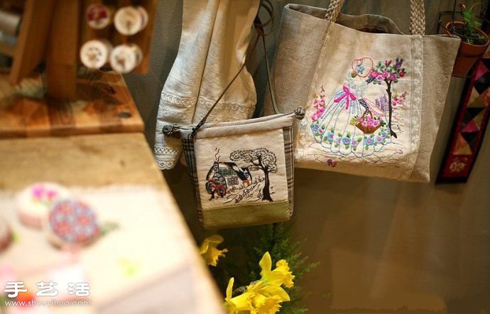 韩国风甜美手工布艺包包刺绣作品