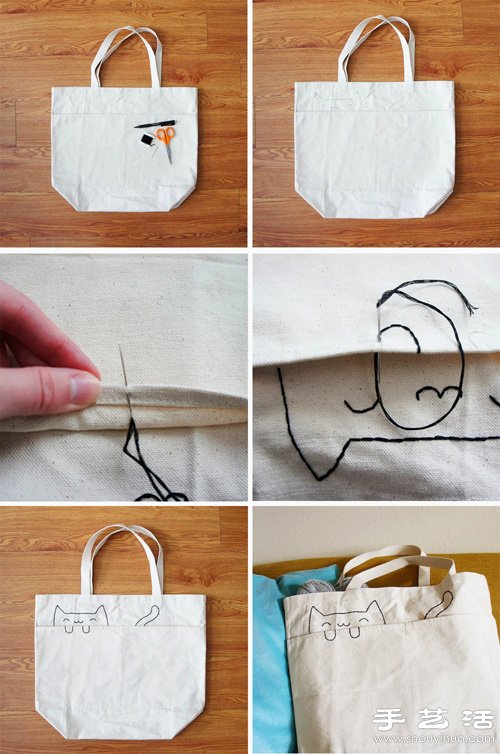 简单刺绣DIY改造猫咪图案手提袋