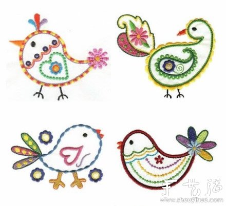 手工刺绣的可爱小鸡和小鸟