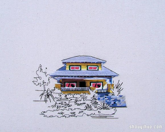 Stephanie K Clark刺绣画 勾勒出美好小屋