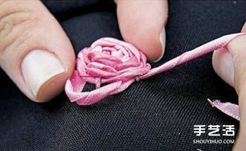 基础丝带绣教程：五角玫瑰丝带绣针法图解