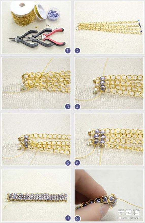 玻璃珠串珠手镯DIY教程 华丽三排串珠手镯制作