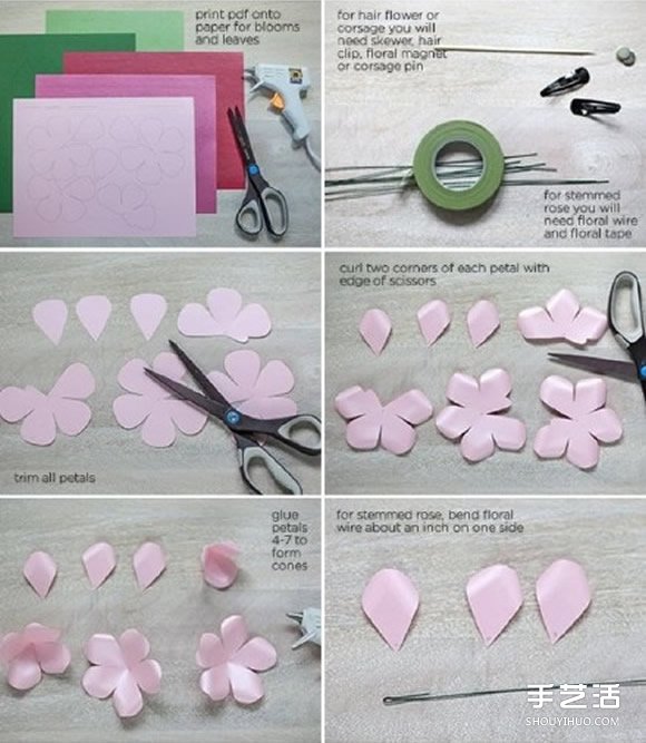 纸玫瑰的简单折法图解 纸玫瑰花发卡DIY教程
