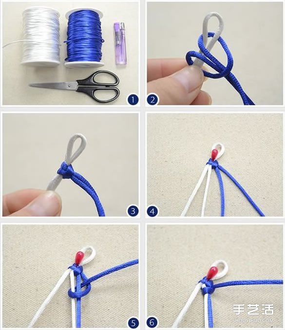 蓝白两色手链编织过程 青花瓷风手链DIY教程