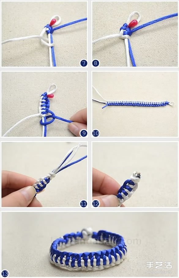 蓝白两色手链编织过程 青花瓷风手链DIY教程