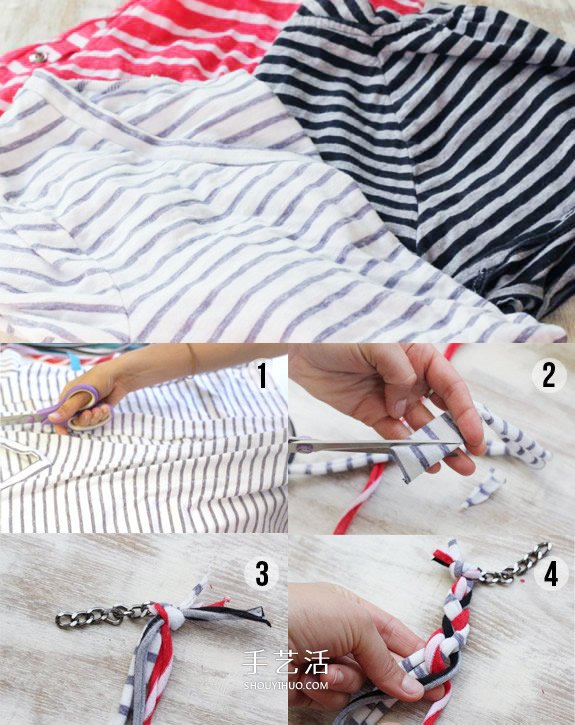 旧T恤撕成布条 手工编织项链手链的方法图解