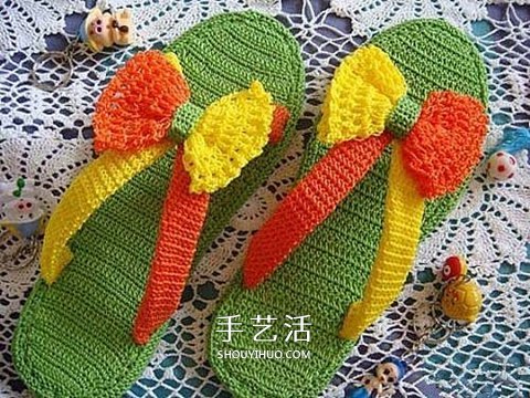 色彩活泼拖鞋的织法 手工编织人字拖鞋图解