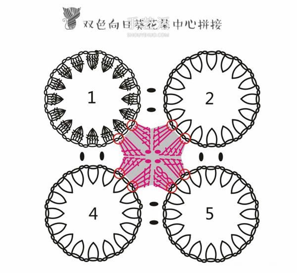 方形带流苏坐垫的钩法图解 双色向日葵图案~